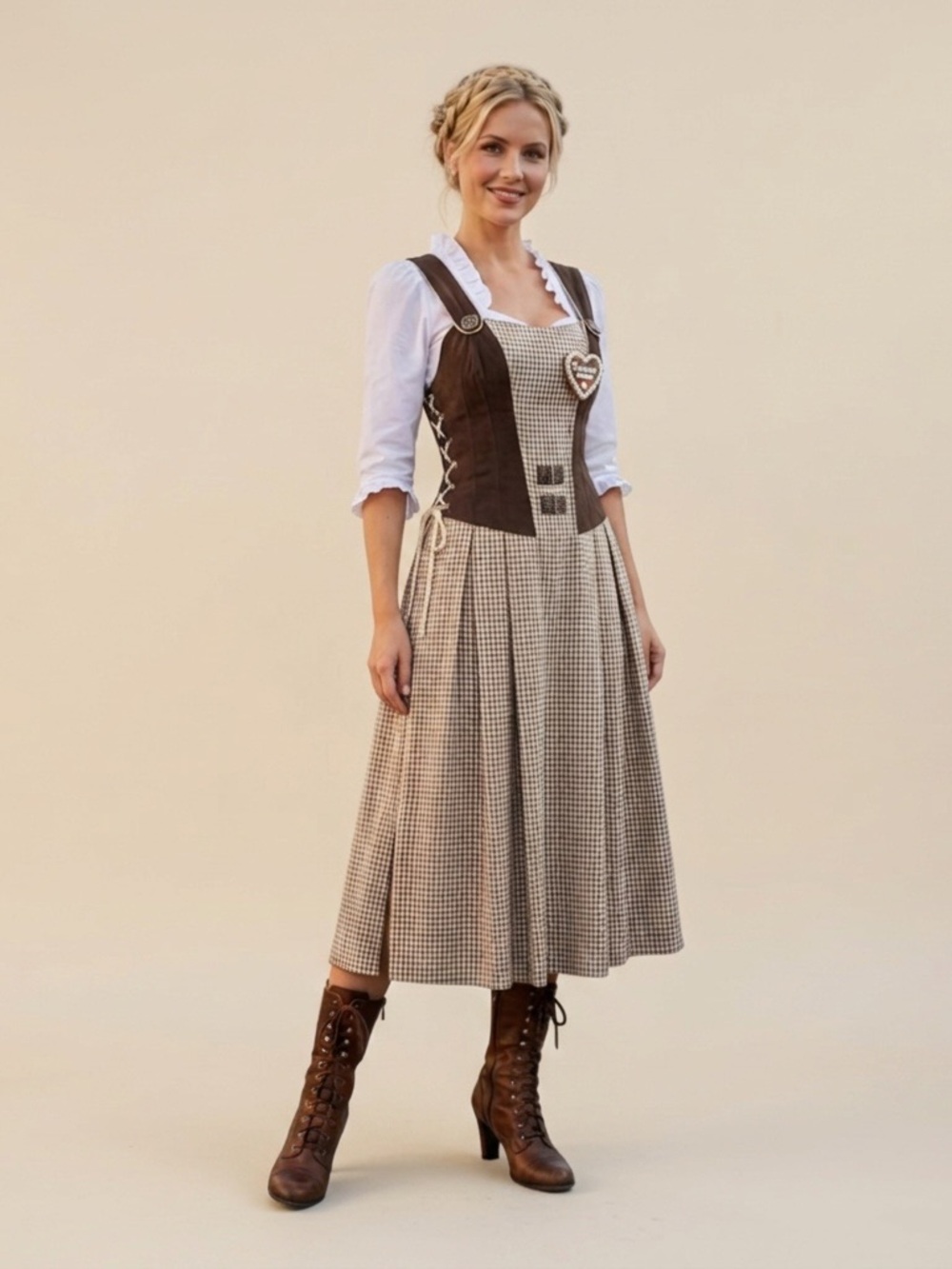 Checked Midi Dirndl Dress with Brown Bodice